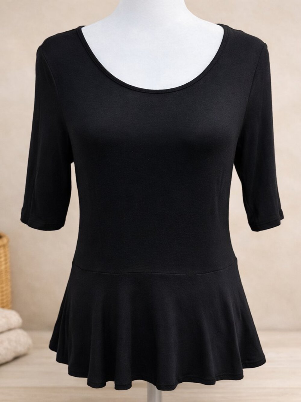 Classic Black Peplum Fitted Waist Flare Hem Top Capsule Minimalist Streetwear